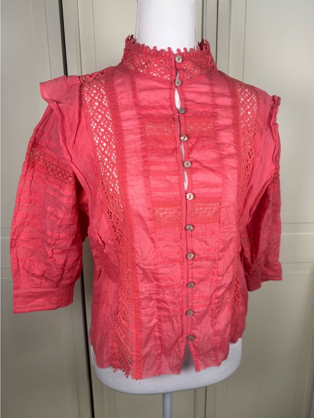 FP One Free People Coral Crochet Lace Cotton Gauze Blouse XS - Picture 5 of 9